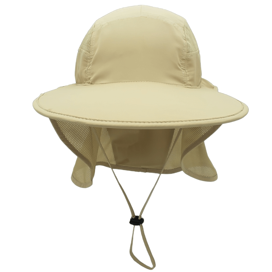 Beige wide-brimmed UV sun hat with neck protection and chin strap, UPF 50+ for sun safety, made of lightweight polyester, SF0388 model.